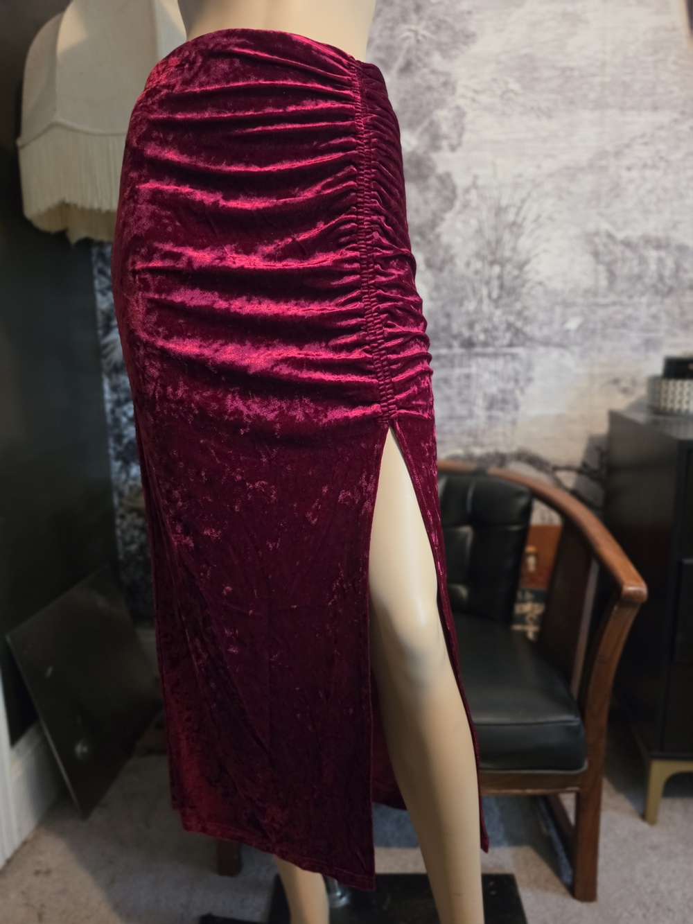 Velvet Ruched Side-Slit Midi Skirt - Burgundy